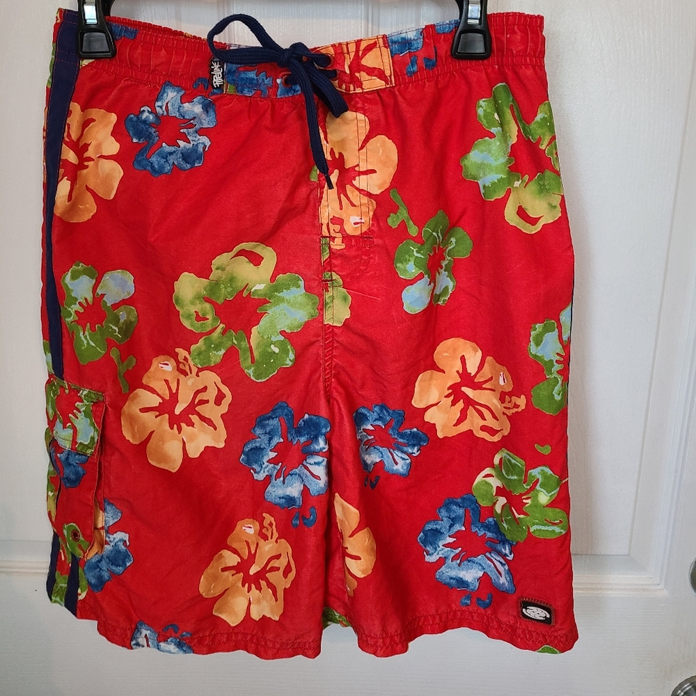 (2102) Pipeline Youths Swim Trunks, Size: Extra Large Color: Red Floral Print